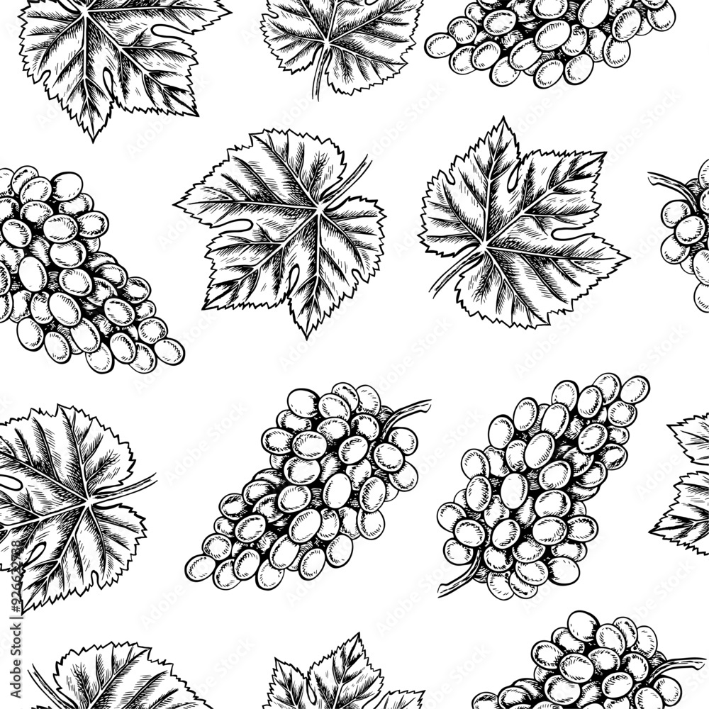 Seamless pattern with clusters and leaves of grapes. Vector graphics, black and white hand-drawn illustration. On a white background. Design element for packages, labels, textiles Seamless pattern with clusters and leaves of grapes. Vector graphics, black and white hand-drawn illustration. On a white background. Design element for packages, labels, textiles