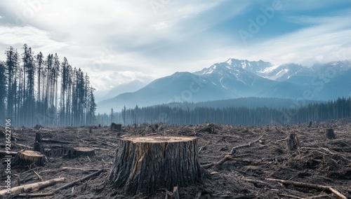 A large tree stump in a clear-cut forest.