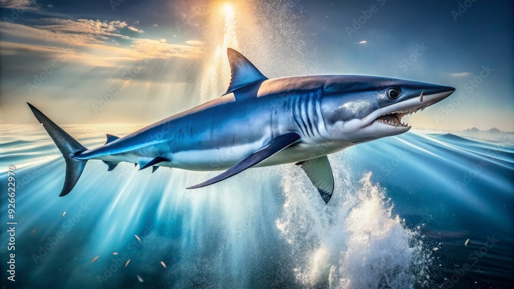 Naklejka premium A majestic mako shark breaches the ocean's surface, its streamlined body glistening in the sunlight, revealing its striking blue-gray hues and powerful physique.