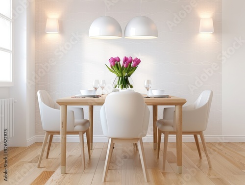 Modern Abstract Dining Room with Elegant Lighting and Copy Space, Focus on Every Detail