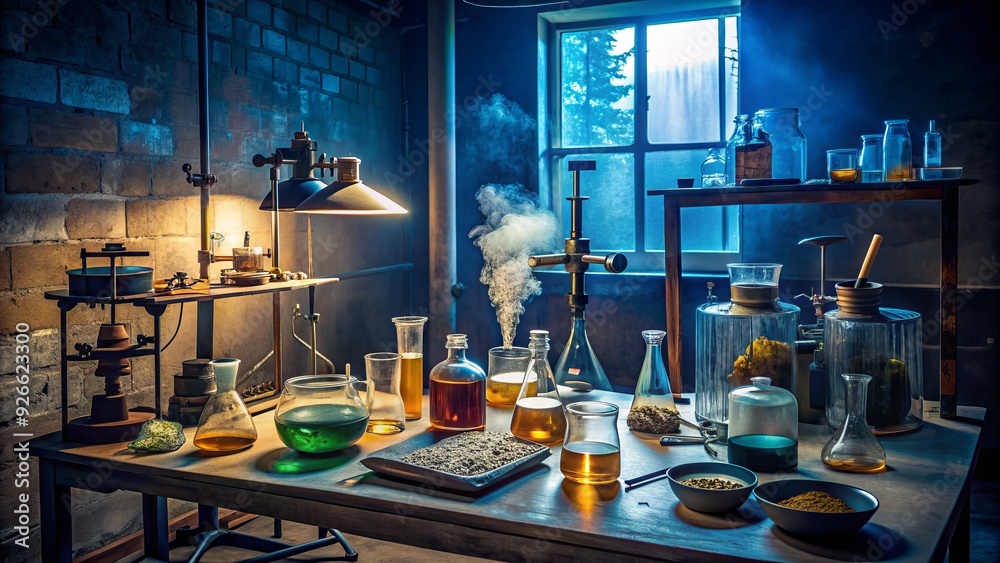A makeshift laboratory setup in a dark, dingy room with various chemicals, beakers, and scales, hinting at illicit drug manufacturing and trafficking activities. A makeshift laboratory setup in a dark, dingy room with various chemicals, beakers, and scales, hinting at illicit drug manufacturing and trafficking activities.