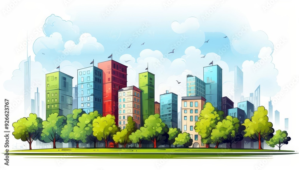 Fototapeta premium Static urban architecture flat design side view city buildings cartoon drawing vivid