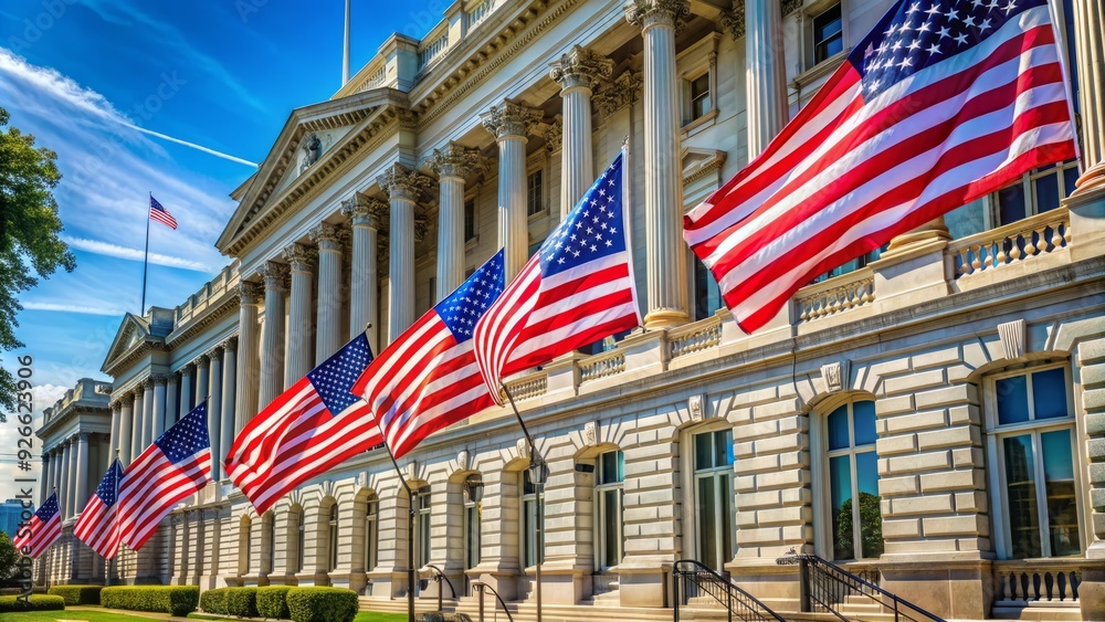 American flags waving in front of a majestic government building with columns, symbolizing unity and cooperation between federal and state authorities. American flags waving in front of a majestic government building with columns, symbolizing unity and cooperation between federal and state authorities.
