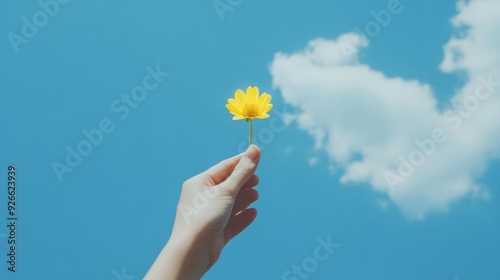 Hand holding a small yellow flower against a bright blue sky, symbolizing simplicity, nature, freedom and hope.
