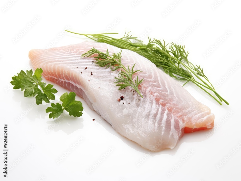 Fresh fish fillet garnished with herbs and spices, ideal for culinary presentations and recipes. Fresh fish fillet garnished with herbs and spices, ideal for culinary presentations and recipes.