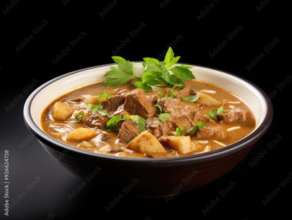 Delicious bowl of hearty beef stew with potatoes and fresh herbs on a dark background. Delicious bowl of hearty beef stew with potatoes and fresh herbs on a dark background.