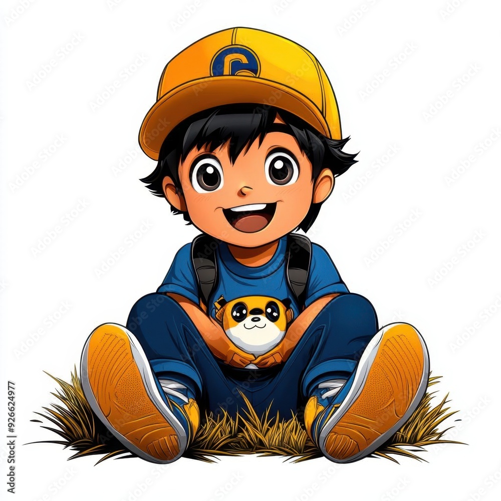 Cute cartoon illustration of a boy sitting on the grass, colorful line drawing, children's style, simple attire, clean pure white background, hand-drawn material, easy to cut out, 1:1 aspect Cute cartoon illustration of a boy sitting on the grass, colorful line drawing, children's style, simple attire, clean pure white background, hand-drawn material, easy to cut out, 1:1 aspect