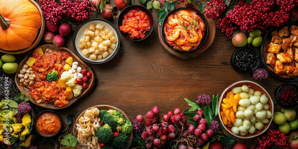 Vibrant korean food frame with copy space on a wooden table, perfect for chuseok celebrations. Colorful ingredients showcase healthy cuisine, capturing autumn harvest traditions in asia. Banner Vibrant korean food frame with copy space on a wooden table, perfect for chuseok celebrations. Colorful ingredients showcase healthy cuisine, capturing autumn harvest traditions in asia. Banner