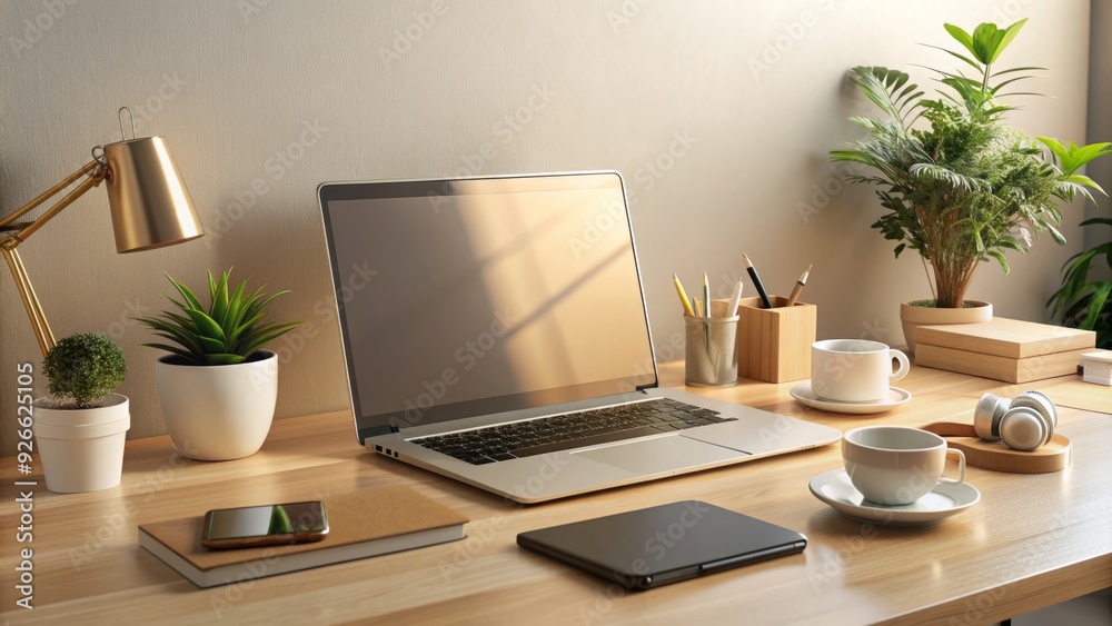 A modern beige laptop computer sits on a tidy minimalist desk surrounded by sleek gadgets and innovative devices in a calm, organized workspace. A modern beige laptop computer sits on a tidy minimalist desk surrounded by sleek gadgets and innovative devices in a calm, organized workspace.