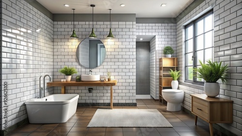 A modern bathroom features newly installed white subway tiles on the walls and floor, paired with dark gray grout, creating a sleek and contemporary look.