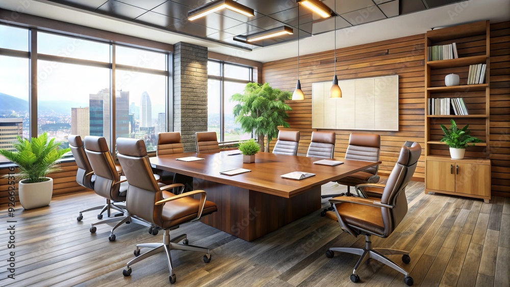 A modern conference room with a large wooden table, leather chairs, and a whiteboard displaying a company's goal-oriented strategic planning and brainstorming session.