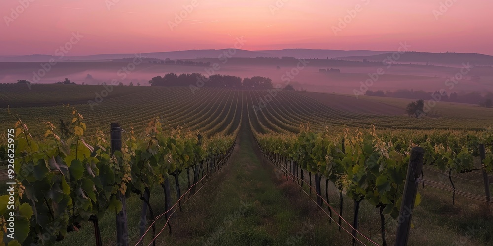 Fototapeta premium Breathtaking vineyard landscape at sunrise with mist and rows of grapevines stretching towards the horizon.