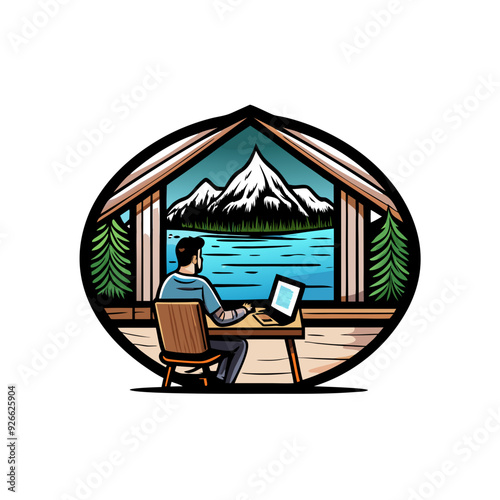 Vector illustration of a digital nomad working from a laptop in a beautiful outdoor setting, possibly on a beach or in a lush forest.