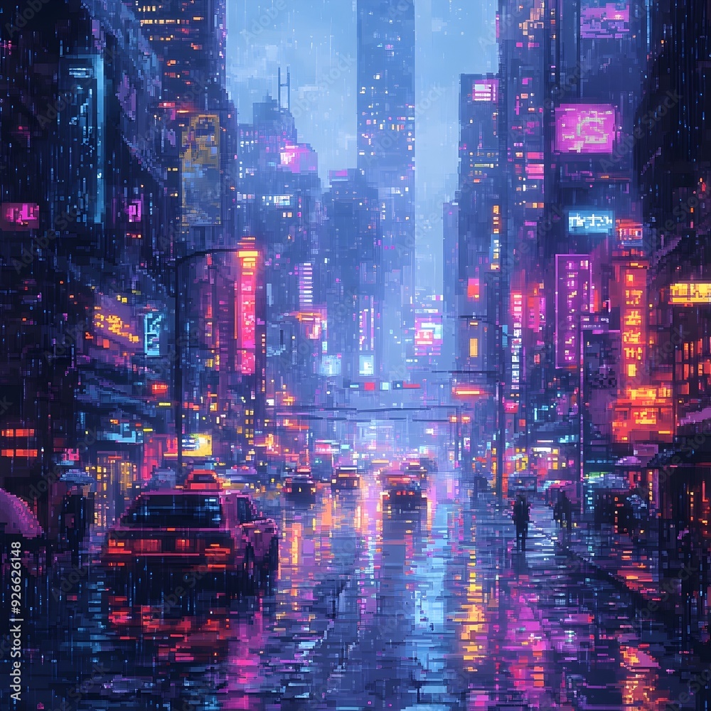 Retro Cityscape with Neon-Lit Skyscrapers and Bustling Streets on a Rainy Night Retro Cityscape with Neon-Lit Skyscrapers and Bustling Streets on a Rainy Night