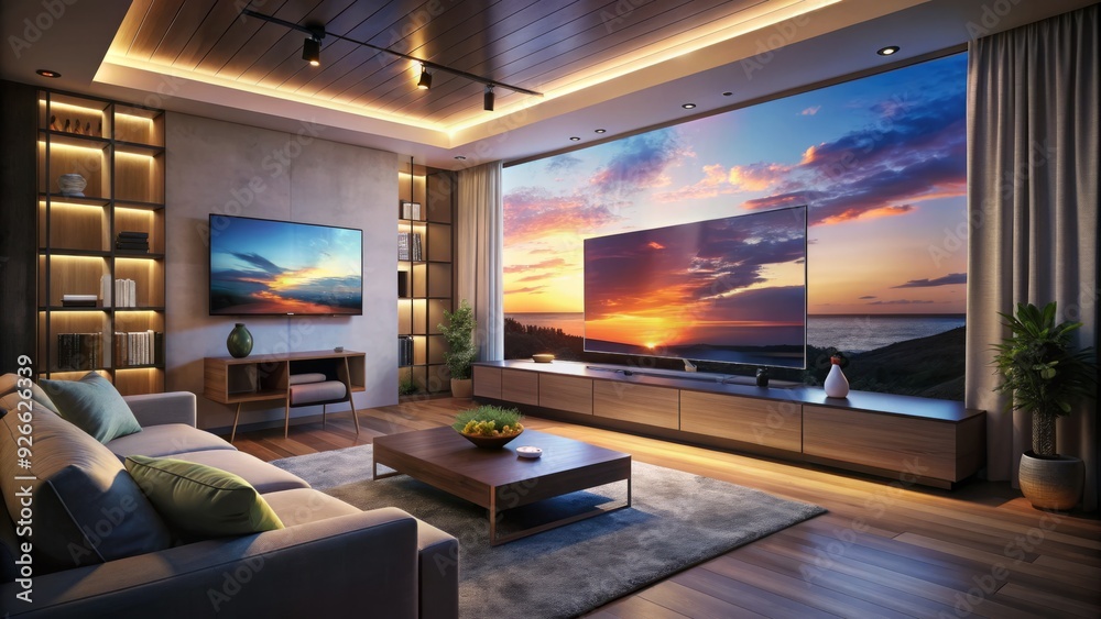 A modern living room with a large screen TV suddenly going dark, its glowing screen fading to black as it shuts off in the evening. A modern living room with a large screen TV suddenly going dark, its glowing screen fading to black as it shuts off in the evening.