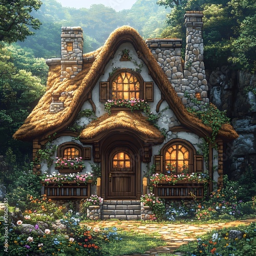 Charming Fairy-Tale Cottage Nestled in Lush Fantasy Forest with Thatched Roof and Flower-Filled Porch