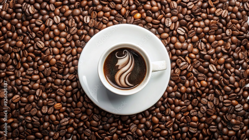 A modern minimalist illustration of a popular coffee cup with a siren logo, surrounded by coffee beans and subtle texture, on a clean white background.