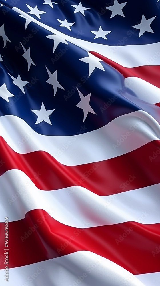 A large American flag with stars and stripes. The flag is waving in the wind. The flag is red, white, and blue A large American flag with stars and stripes. The flag is waving in the wind. The flag is red, white, and blue