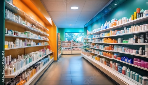 Medicine Health A Vibrant Collection of Pharmaceutical Products on Shelves in a Modern Drugstore