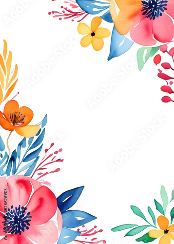 Frame with pink and yellow watercolor flowers. Raster illustration with copy space.