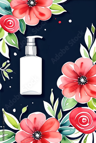 Frame with pink watercolor flowers on dark blue background. Raster illustration with copy space.