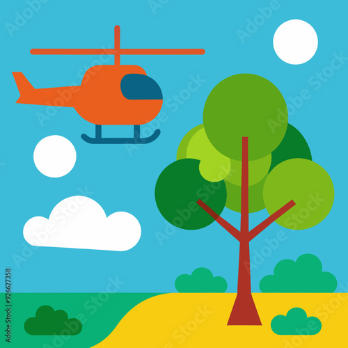 helicopter, waterfall, forest, vector, nature, landscape, trees, mountains, river, sky, greenery, flight, adventure, 