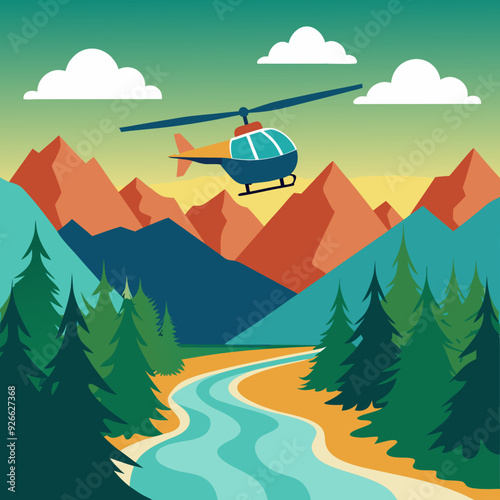 helicopter, waterfall, forest, vector, nature, landscape, trees, mountains, river, sky, greenery, flight, adventure, 