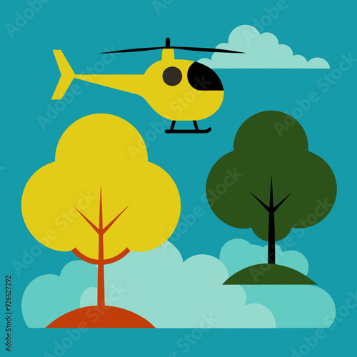 helicopter, waterfall, forest, vector, nature, landscape, trees, mountains, river, sky, greenery, flight, adventure, 