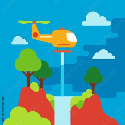 helicopter, waterfall, forest, vector, nature, landscape, trees, mountains, river, sky, greenery, flight, adventure, 