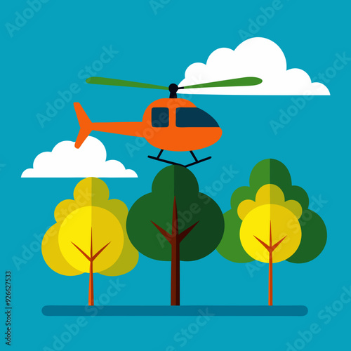 helicopter, waterfall, forest, vector, nature, landscape, trees, mountains, river, sky, greenery, flight, adventure, 
