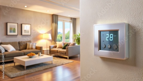 A modern thermostat on a wall, displaying temperature and mode settings, with a blurred background of a tidy living room with warm lighting.