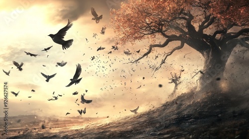A flock of birds flies away from a large, bare tree silhouetted against a sunset sky.