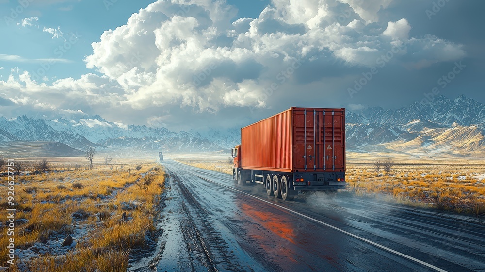 Scenic Highway with Red Truck on a Rainy Day in the Countryside with Dramatic Clouds and Mountain Range in the Background