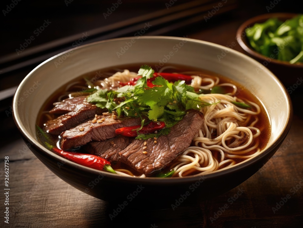 A delicious bowl of beef noodles garnished with herbs and spices, perfect for culinary enthusiasts and food lovers. A delicious bowl of beef noodles garnished with herbs and spices, perfect for culinary enthusiasts and food lovers.