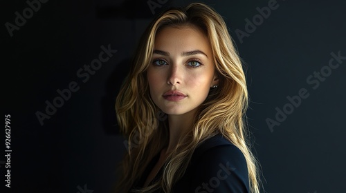 A complete view of a Canadian woman in modern fashion, such as a stylish dress or smart business outfit, capturing her contemporary and sophisticated style, isolated on a dark background