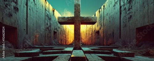 A large wooden cross stands in the middle of a deserted, stone-walled alleyway.