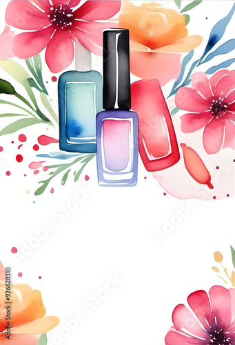 Frame with pink and yellow watercolor flowers and nail polish jars. Raster illustration with copy space.