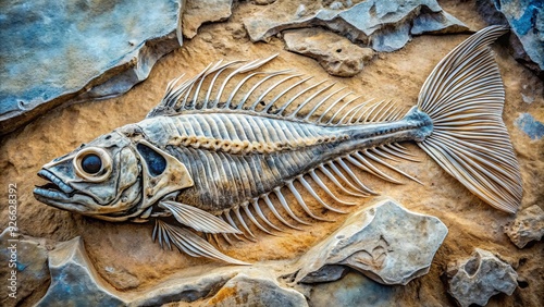 Ancient fossilized fish skeleton exposed on weathered rock, showcasing intricate scales and bones, with pale blue and gray hues against a cracked earthy background. photo