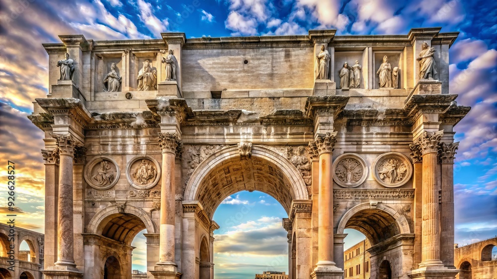 Obraz premium Ancient Roman architecture and ornate details adorn the imposing Arch of Constantine, a historic landmark in Rome, Italy, symbolizing power and grandeur.