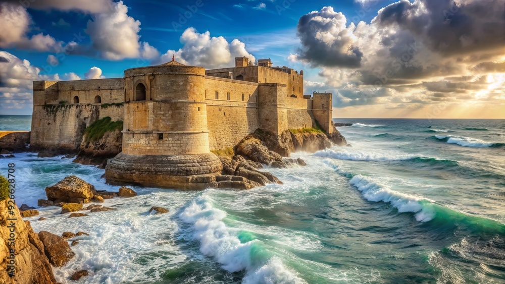 Ancient stone fortress bastion rises above seaside cliffs, its weathered walls worn by time and waves, a testament to centuries of defensive standing. Ancient stone fortress bastion rises above seaside cliffs, its weathered walls worn by time and waves, a testament to centuries of defensive standing.