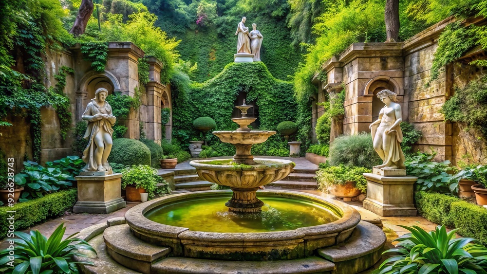 Ancient stone fountain surrounded by lush greenery and ornate statues, nestled in a secluded garden, evoking a sense of serenity and classical elegance. Ancient stone fountain surrounded by lush greenery and ornate statues, nestled in a secluded garden, evoking a sense of serenity and classical elegance.