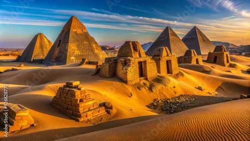 Ancient stone pyramids and ruins of Meroe, Nubia, surrounded by vast golden sand dunes and clear blue sky at sunset in Sudan, Africa.