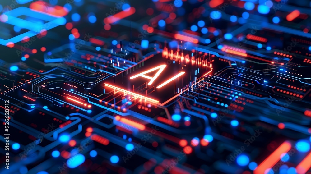 Futuristic Ai icon with AI text in the center of glowing circuit technology background Futuristic Ai icon with AI text in the center of glowing circuit technology background