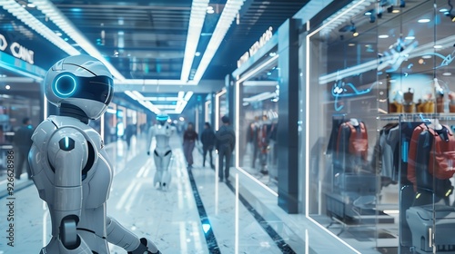 Wallpaper Mural A humanoid robot stands in a bustling mall corridor, observing shoppers and assisting visitors with their inquiries as they navigate the vibrant space Torontodigital.ca