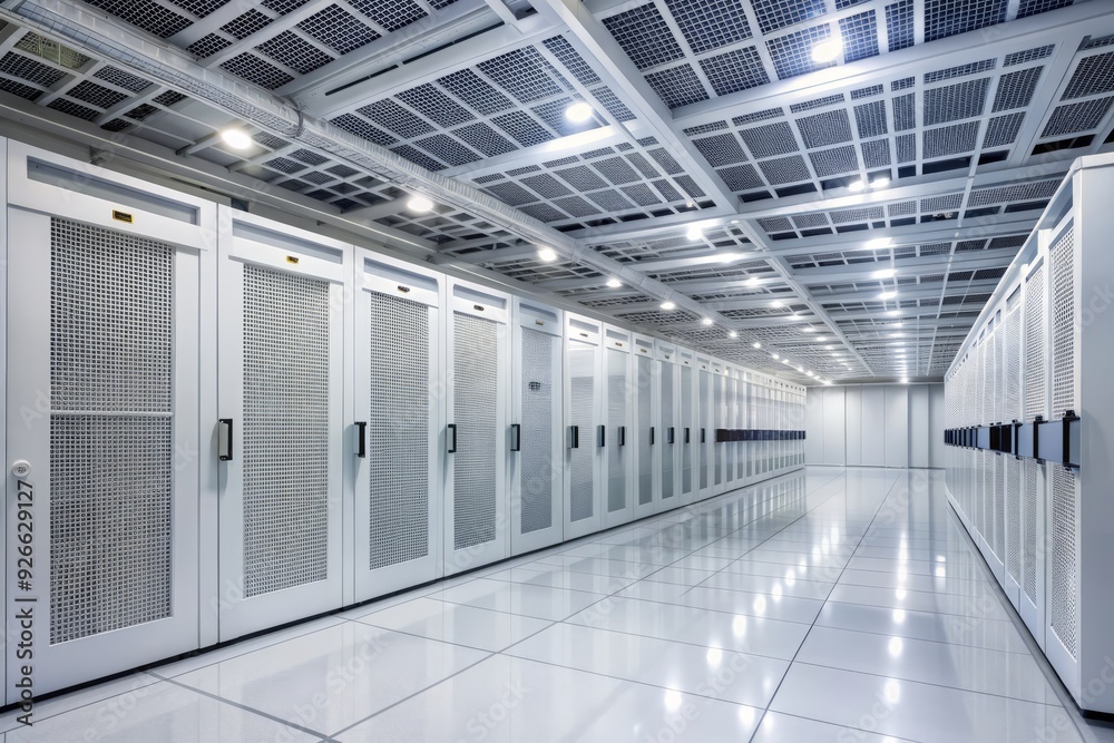 State-of-the-art white data center filled with rows of humming servers, crisp air conditioning vents, and sleek metal flooring in a pristine, well-lit environment. State-of-the-art white data center filled with rows of humming servers, crisp air conditioning vents, and sleek metal flooring in a pristine, well-lit environment.