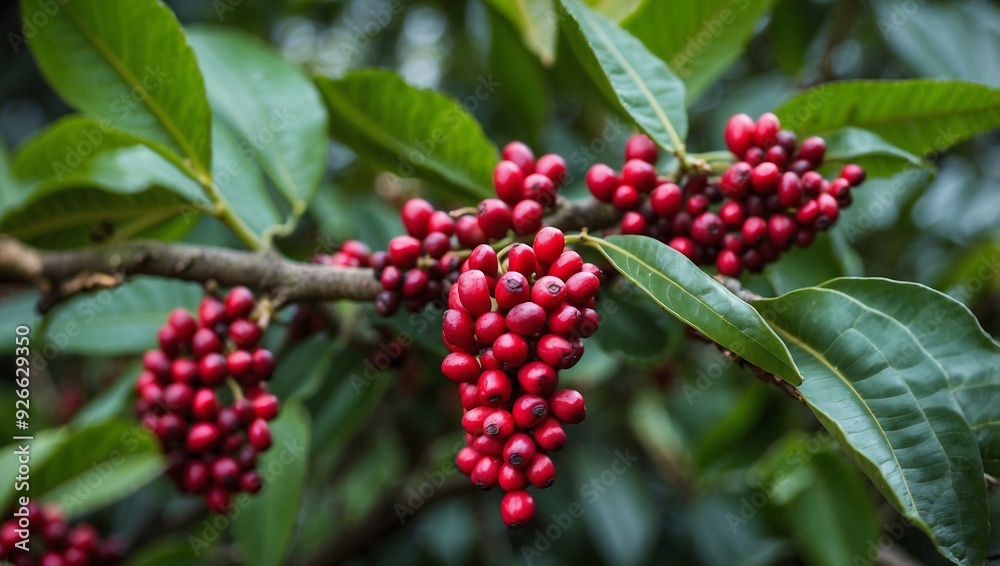 Coffee Tree Bursting with Red Beans on Scenic Plantation Coffee Tree Bursting with Red Beans on Scenic Plantation