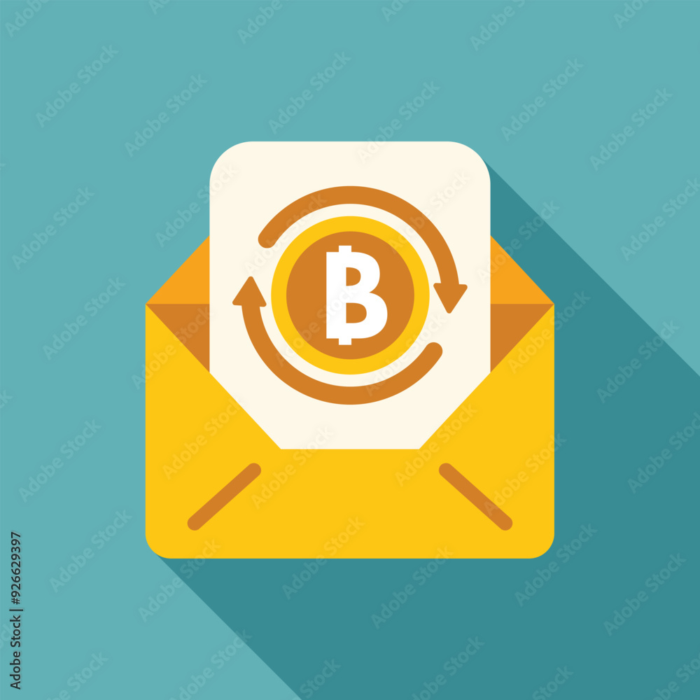 Open envelope containing bitcoin currency rotating with arrows, concept for digital transaction Open envelope containing bitcoin currency rotating with arrows, concept for digital transaction