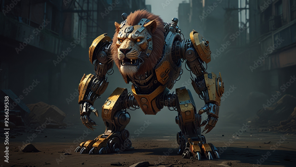 illustration of a robotic lion monster made of iron