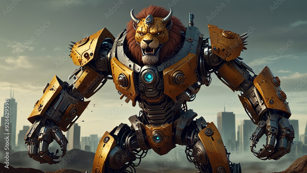 illustration of a robotic lion monster made of iron illustration of a robotic lion monster made of iron