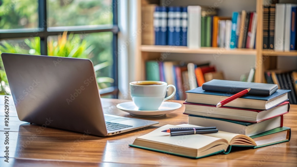 An organized desk with a notebook, laptop, and coffee cup, surrounded by academic books and certificates, highlighting a person's commitment to ongoing education and self-improvement. An organized desk with a notebook, laptop, and coffee cup, surrounded by academic books and certificates, highlighting a person's commitment to ongoing education and self-improvement.